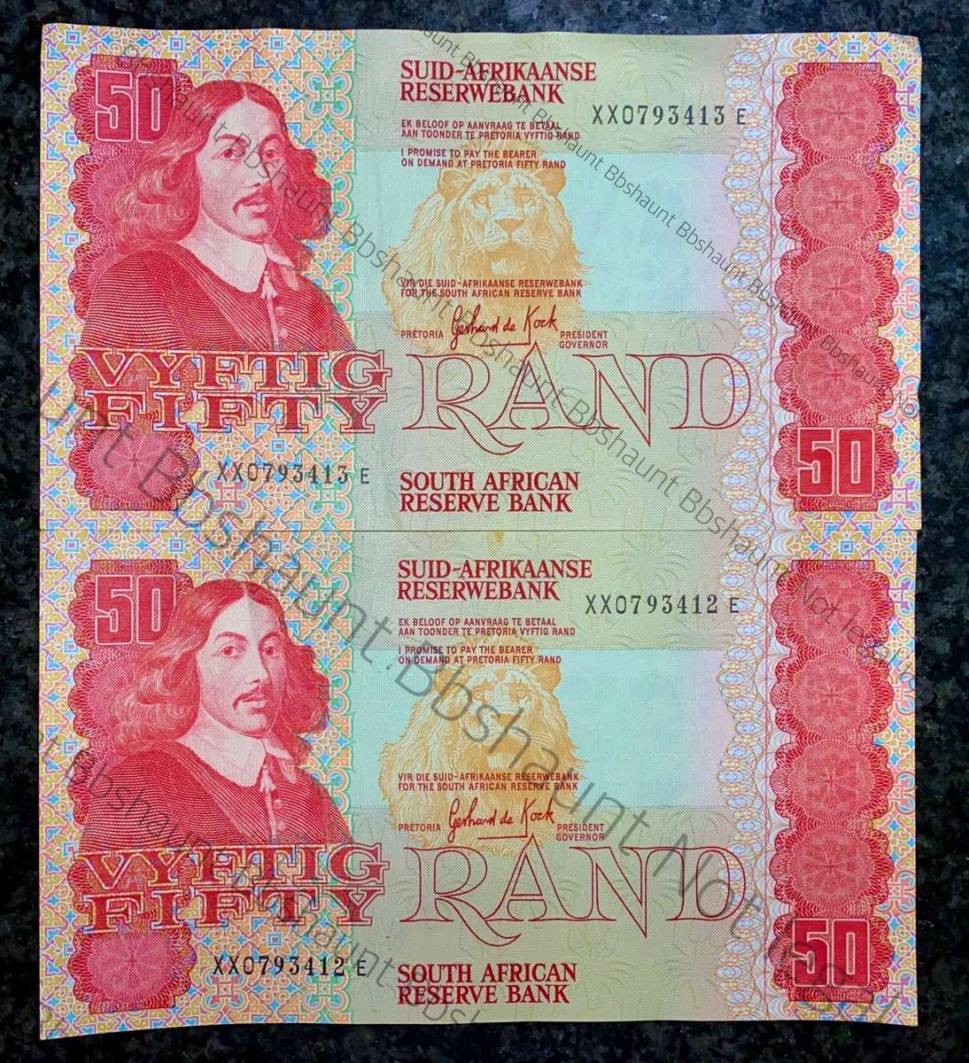 Replacement Notes Gpc De Kock R50 in seq XX0793413-412 AUNC (1 bid takes all)