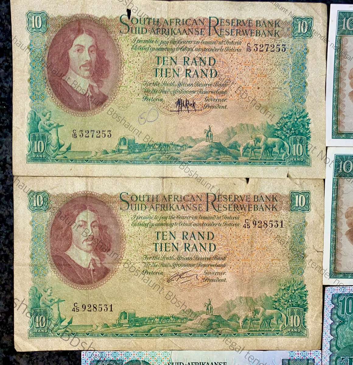 set of R10 all governors 1961-1990 MH De Kock - Rissik - De Jongh - stals - de kock(1 bid takes all)