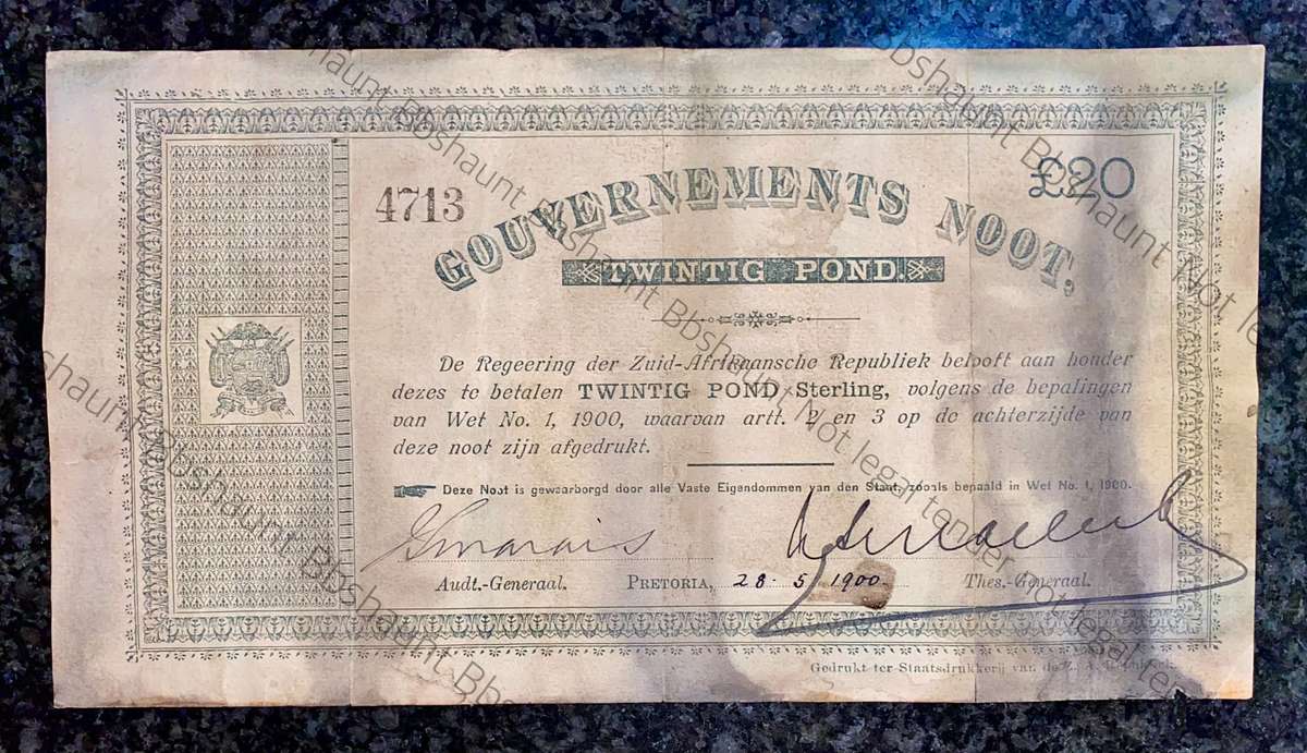 Z.A.R Pretoria 20 pounds Government noot 28-05-1900 without prefix NO - spade border