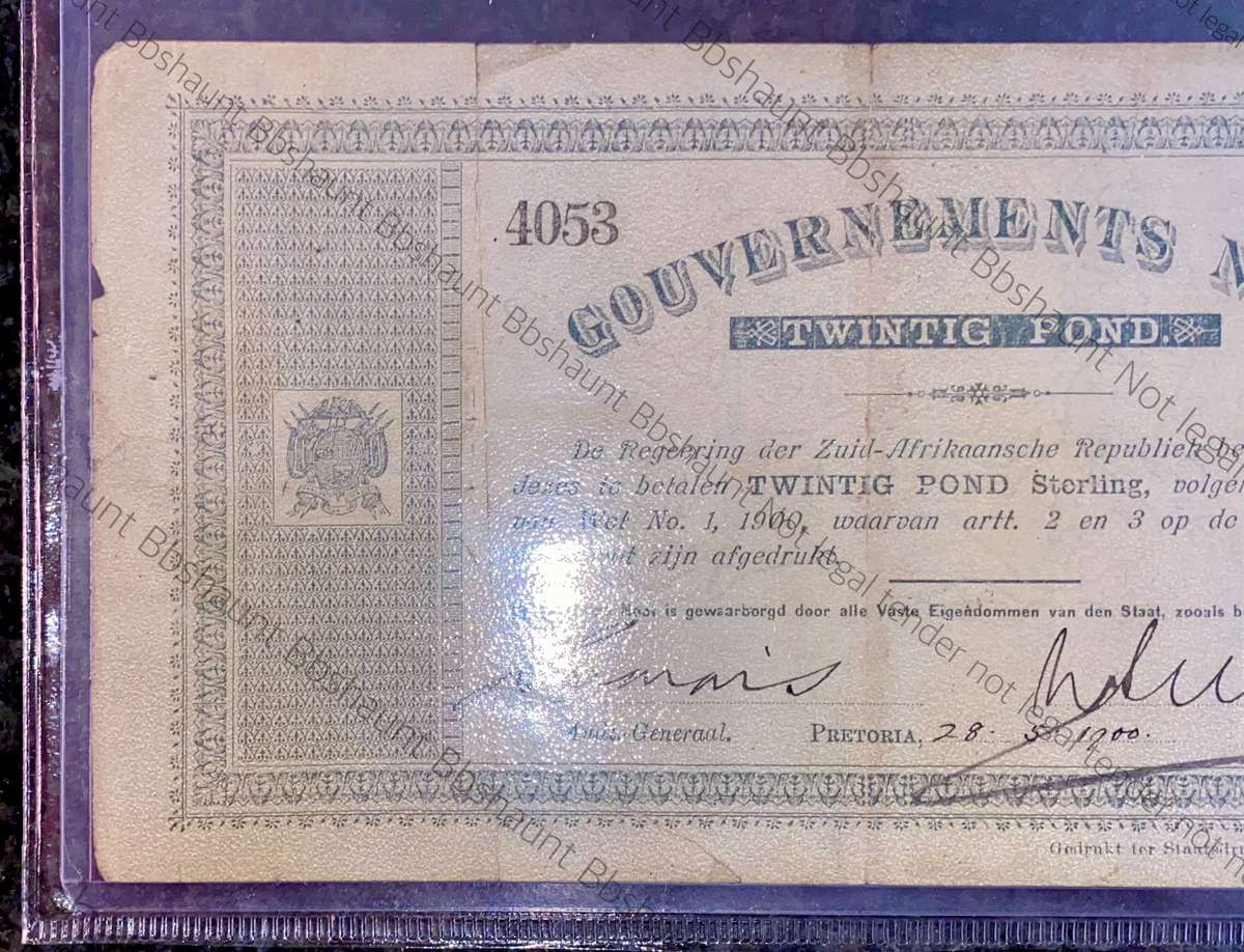 Z.A.R Graded Pretoria 20 pound Government Noot 28-05-1900 cape coat of arm wtm printed Z.A.Republiek