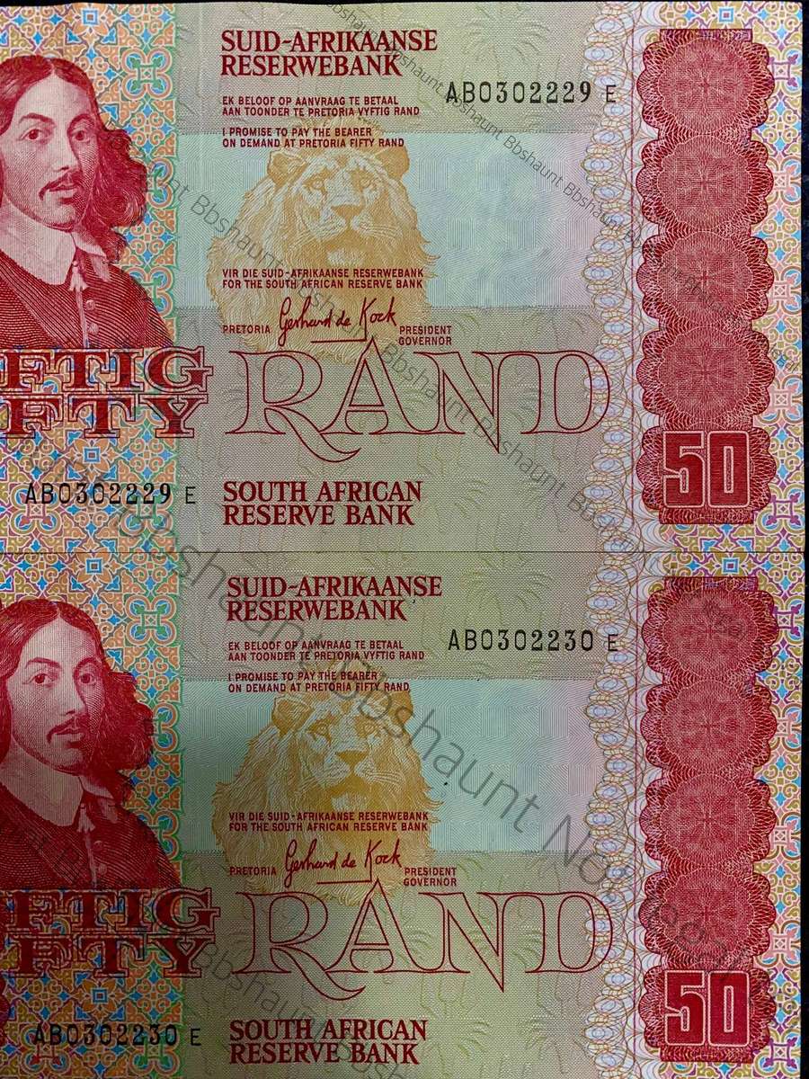 GPC De Kock. R50 in sequence AB0302229-230 UNC-AUNC+ 3rd issue 1984 (1 bid takes all)