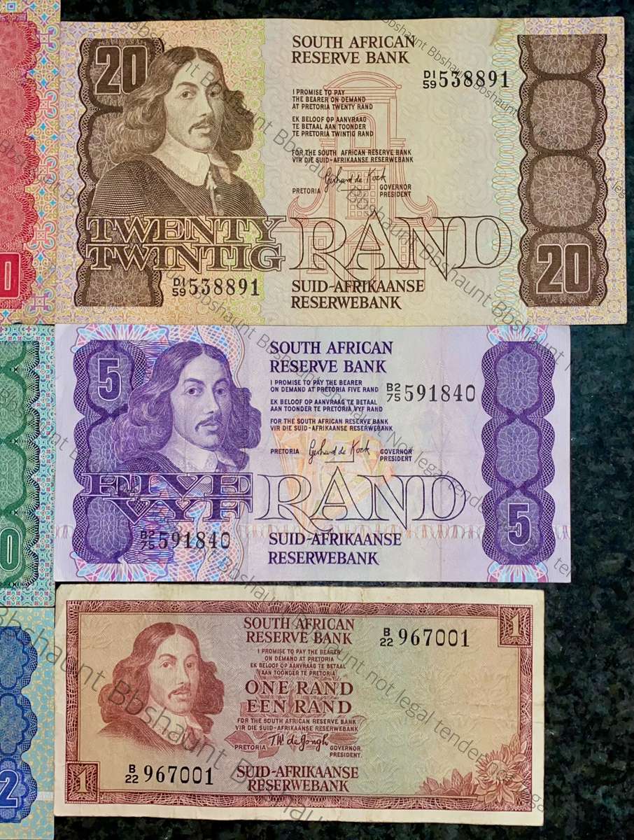 COMPLETE SET OF GPC DE KOCK & DECIMALS R50 TO R2 - 1980s (R1 TW DE JONGH 1975) - (1 BID TAKES ALL)