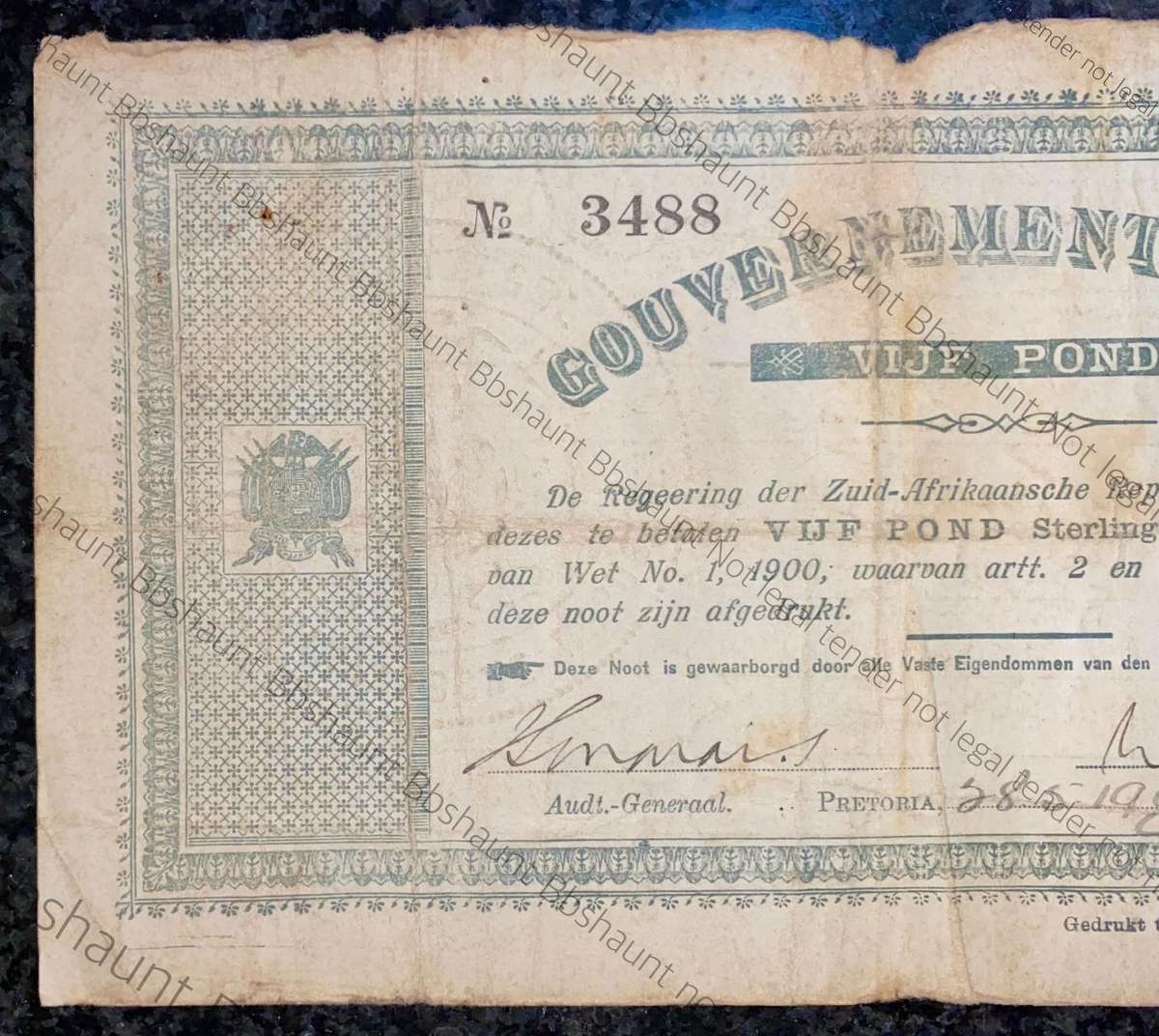 Z.A.R Pretoria 5 pound Government Noot 28-5-1900 -- 3488 Star Boarder