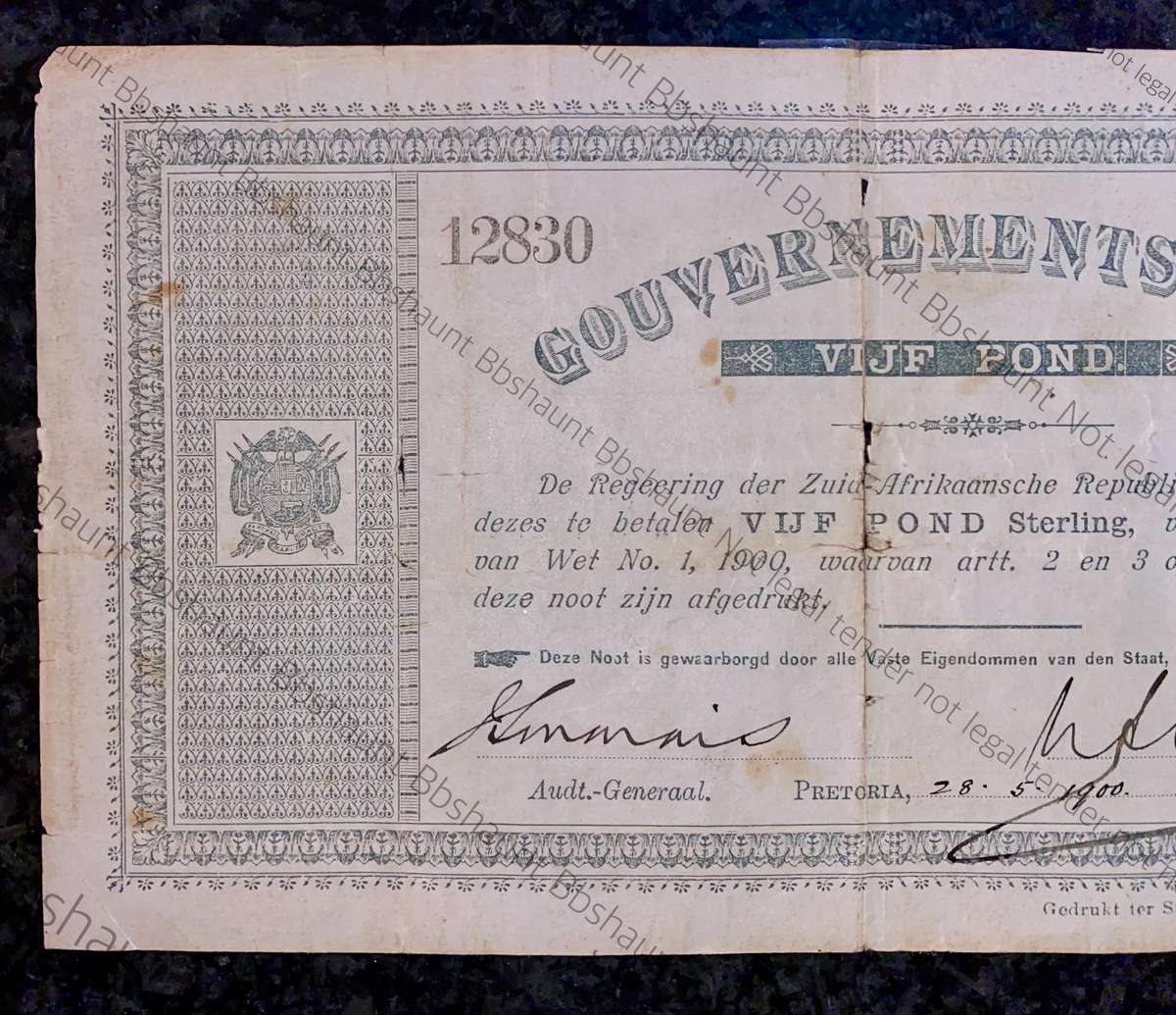Z.A.R Pretoria 5 pound Government Noot 28-5-1900 - missing NO prefix - 12830 Spade Boarder