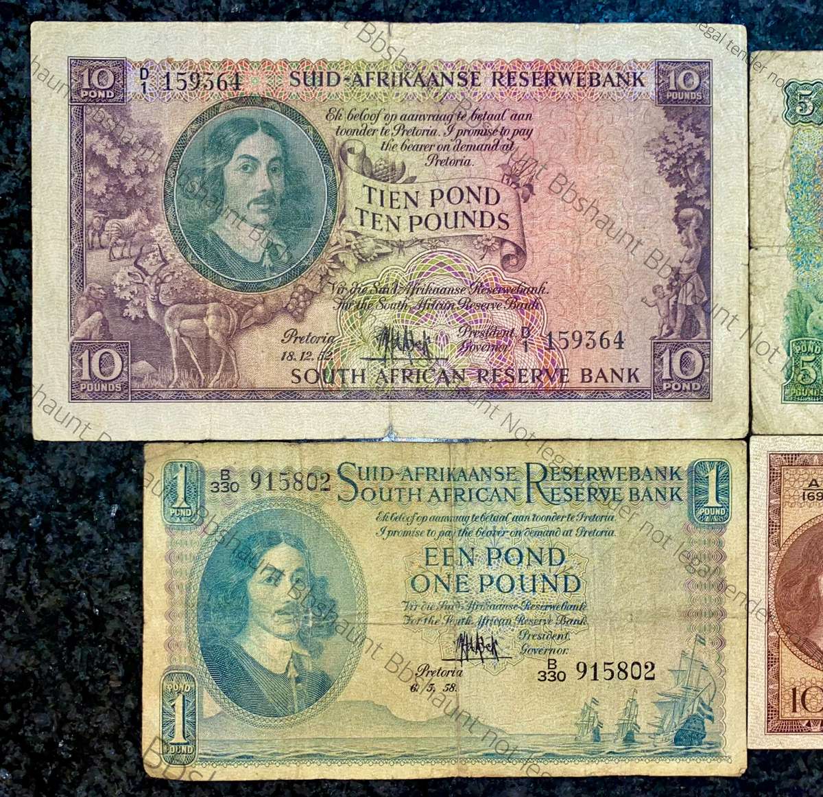 MH DE KOCK SET 10 POUND 1952, 5 POUND 1955, 1 POUND 1958 & 10 SHILLINGS 1958 (1 BID TAKES AL