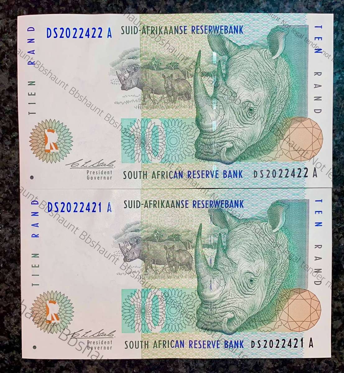 CL Stals. R10 -- in sequence DS2022422-421 Rhino wtm 2nd issue 1993 unc-aunc (1 bid takes all)