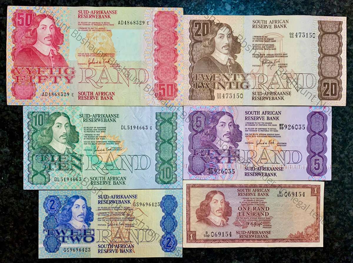 COMPLETE SET OF GPC DE KOCK & DECIMALS R50 TO R2 - 1980s (R1 TW DE JONGH 1975)- (1 BID TAKES ALL)