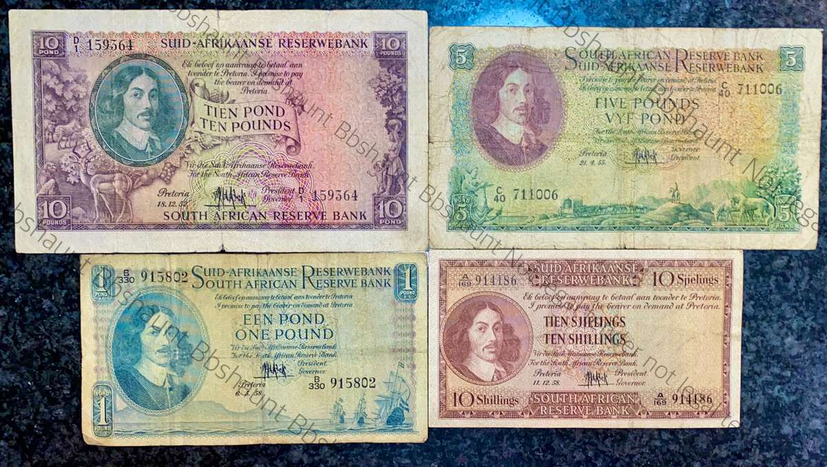 MH DE KOCK SET 10 POUND 1952, 5 POUND 1955, 1 POUND 1958 & 10 SHILLINGS 1958 (1 BID TAKES AL