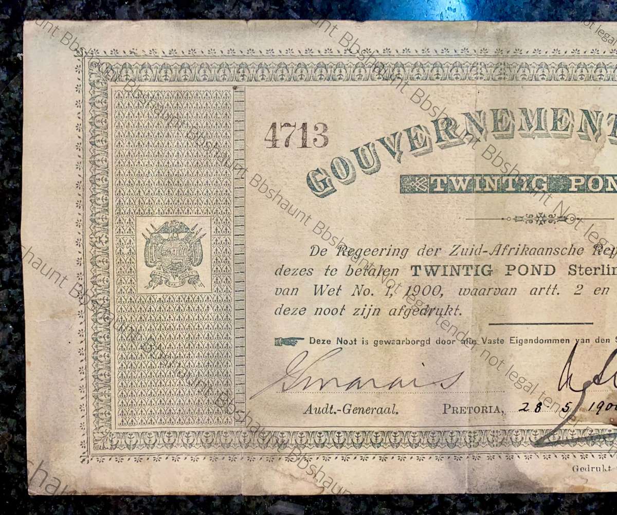 Z.A.R Pretoria 20 pounds Government noot 28-05-1900 without prefix NO - spade border
