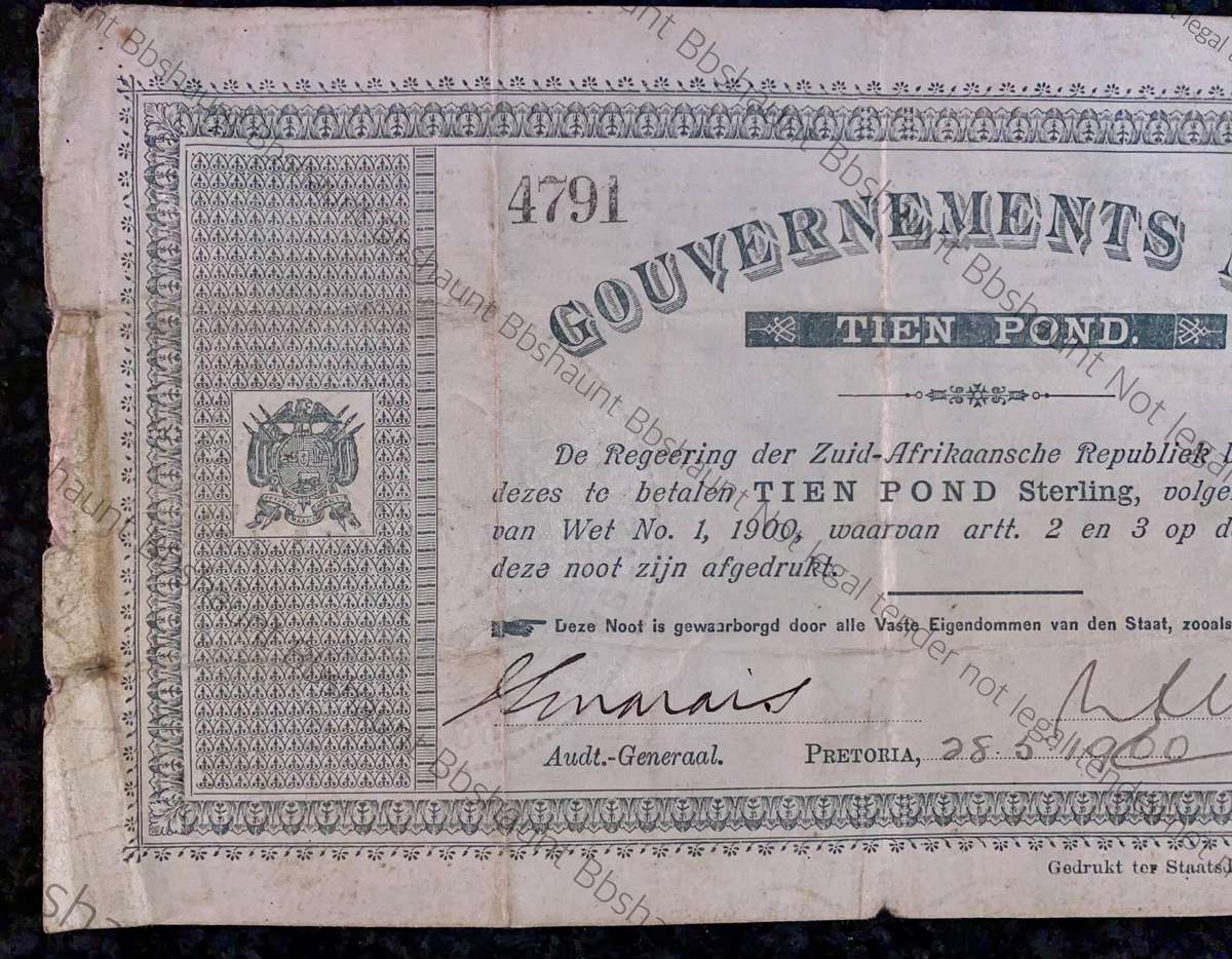 Z.A.R Pretoria 10 pound Government Noot 28-5-1900 - missing NO prefix - 4791 Spade Boarder