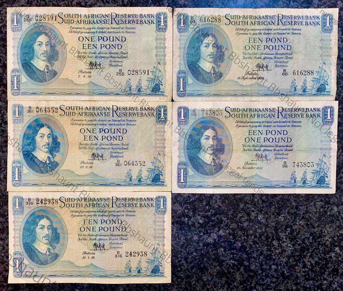 Mh De Kock 1 pound 1950-51-56-58-59 (1 bid takes all)