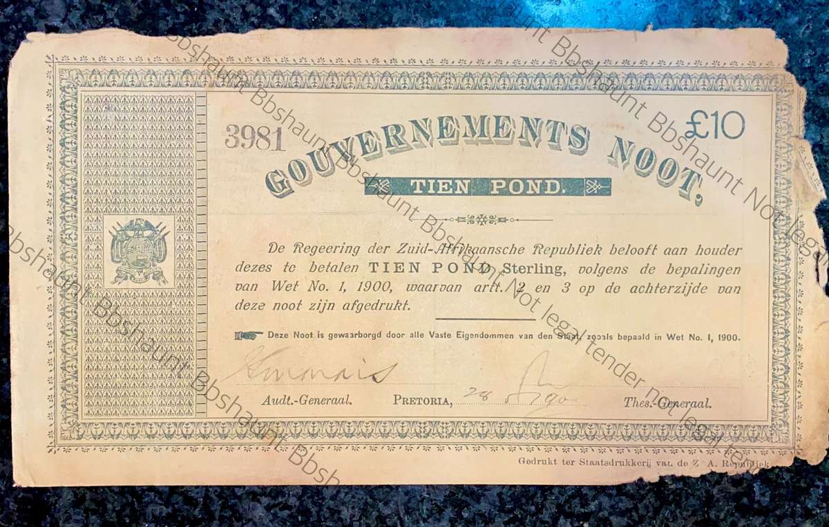Z.A.R Pretoria 10 pound Government Noot 28-5-1900 -missing NO prefix 3981 Spade Boarder