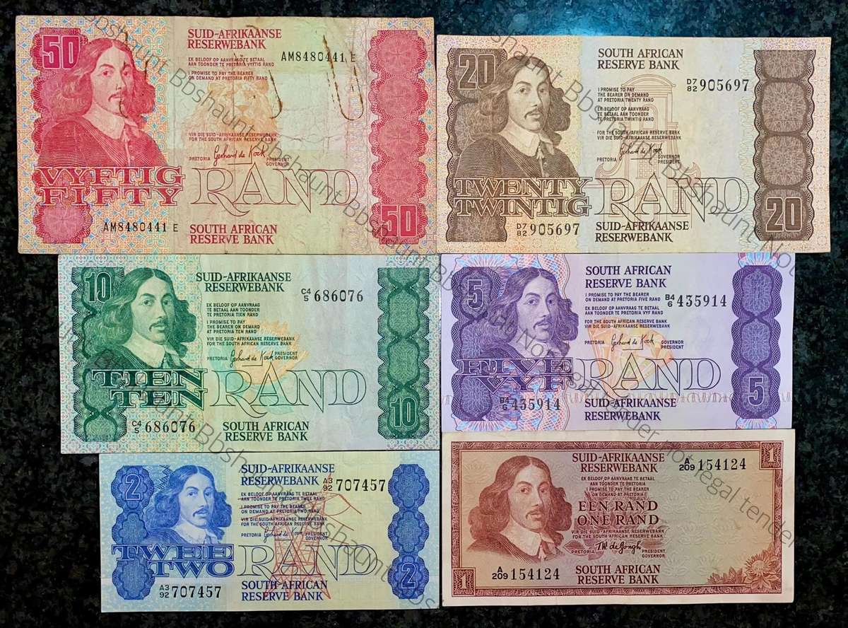 Complete Set GPC De Kock & decimals R50 TO R2 - 1980s (R1 de Jongh 1975) (1 bid takes all)