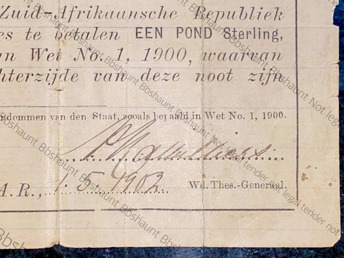 Z.A.R. TE Velde 1 pound Governements Noot 1-5-1902 - Pelgrims Rust - with Findlay stamp