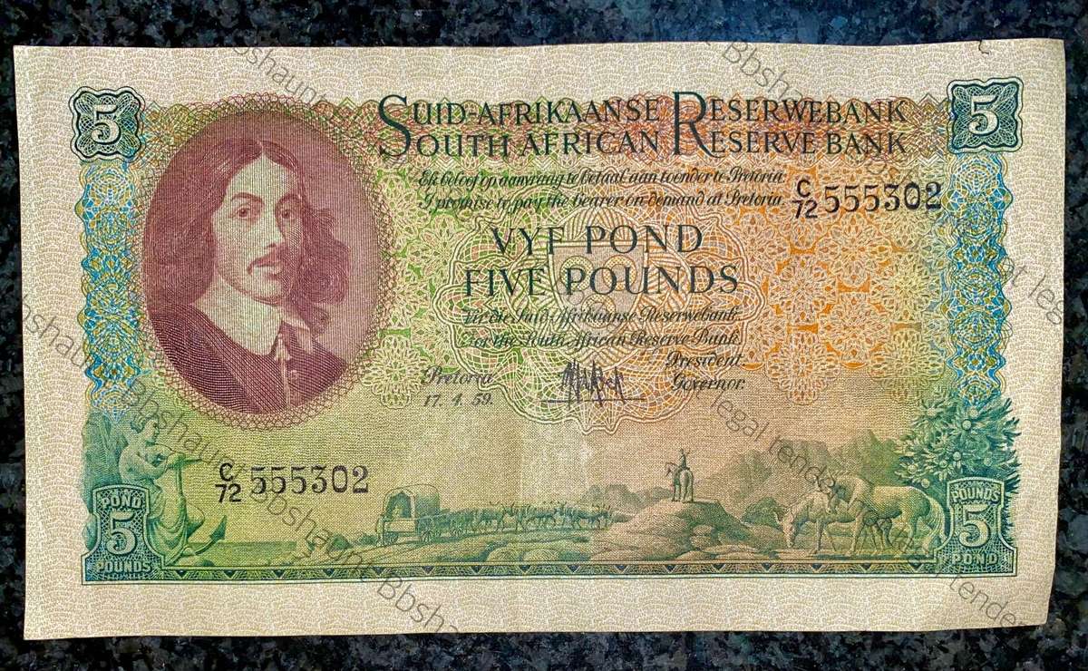 MH De Kock. 5 pound 17. 4. 1959 -- C72 /555302 clean note