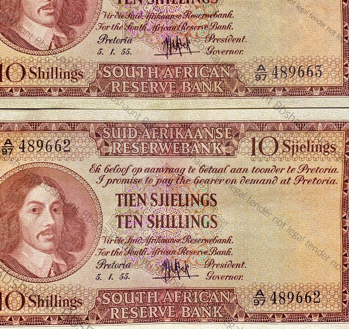 MH DE KOCK 10 SHILLINGS IN SEQUENCE A97 /489662-663 A/E 5.1.1955 CRISP NOTES EF (1 BID TAKES ALL)