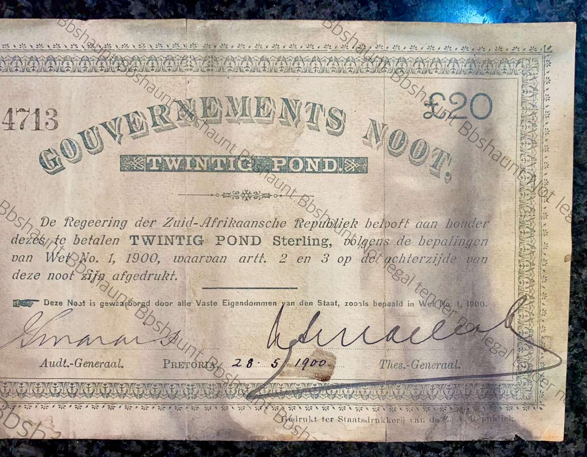Z.A.R Pretoria 20 pounds Government noot 28-05-1900 without prefix NO - spade border