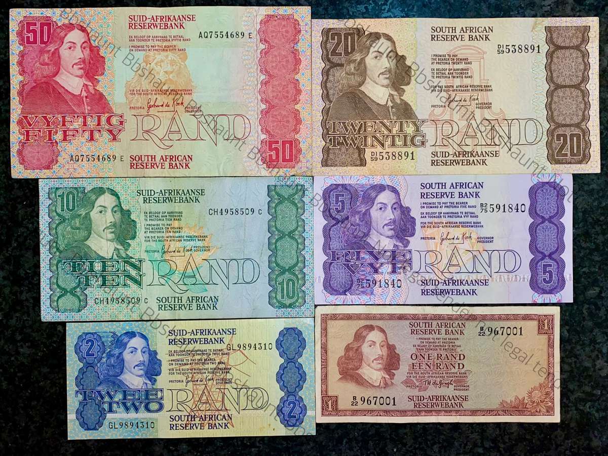 COMPLETE SET OF GPC DE KOCK & DECIMALS R50 TO R2 - 1980s (R1 TW DE JONGH 1975) - (1 BID TAKES ALL)