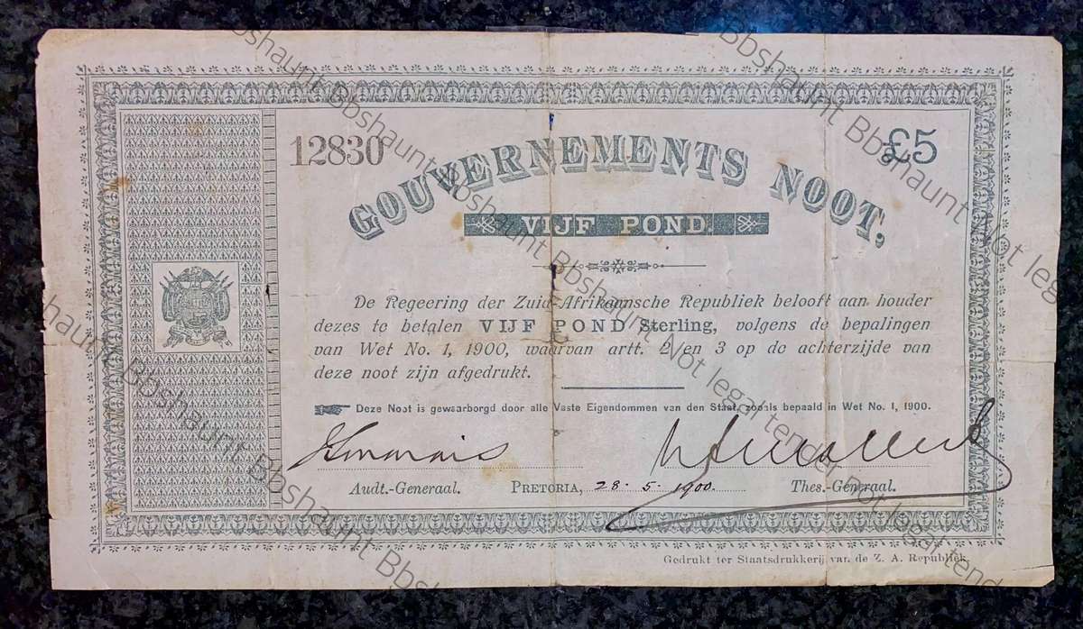 Z.A.R Pretoria 5 pound Government Noot 28-5-1900 - missing NO prefix - 12830 Spade Boarder
