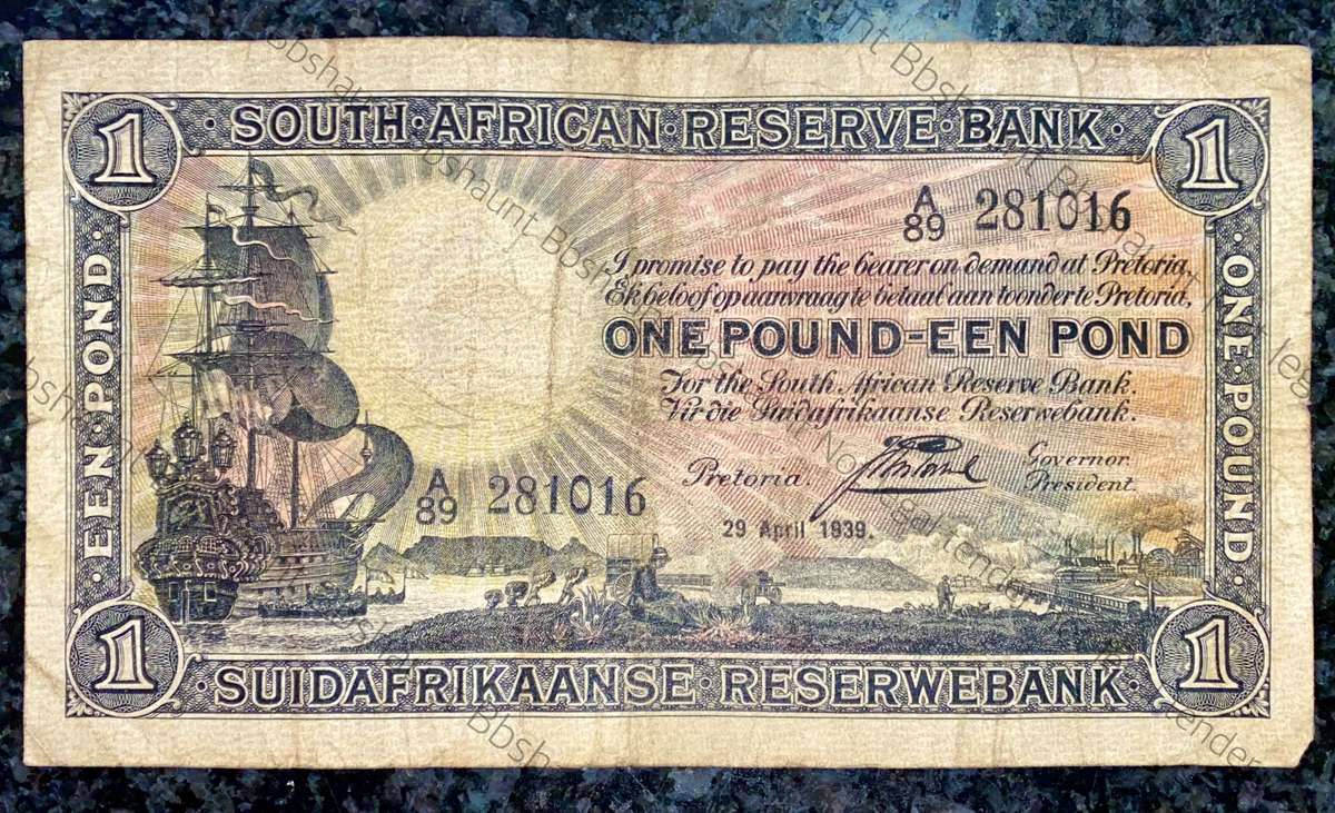 J POSTMUS 1 POUND 29TH APRIL 1939 ENG/AFR A89 /281016 FIRST AND ONLY ISSUE