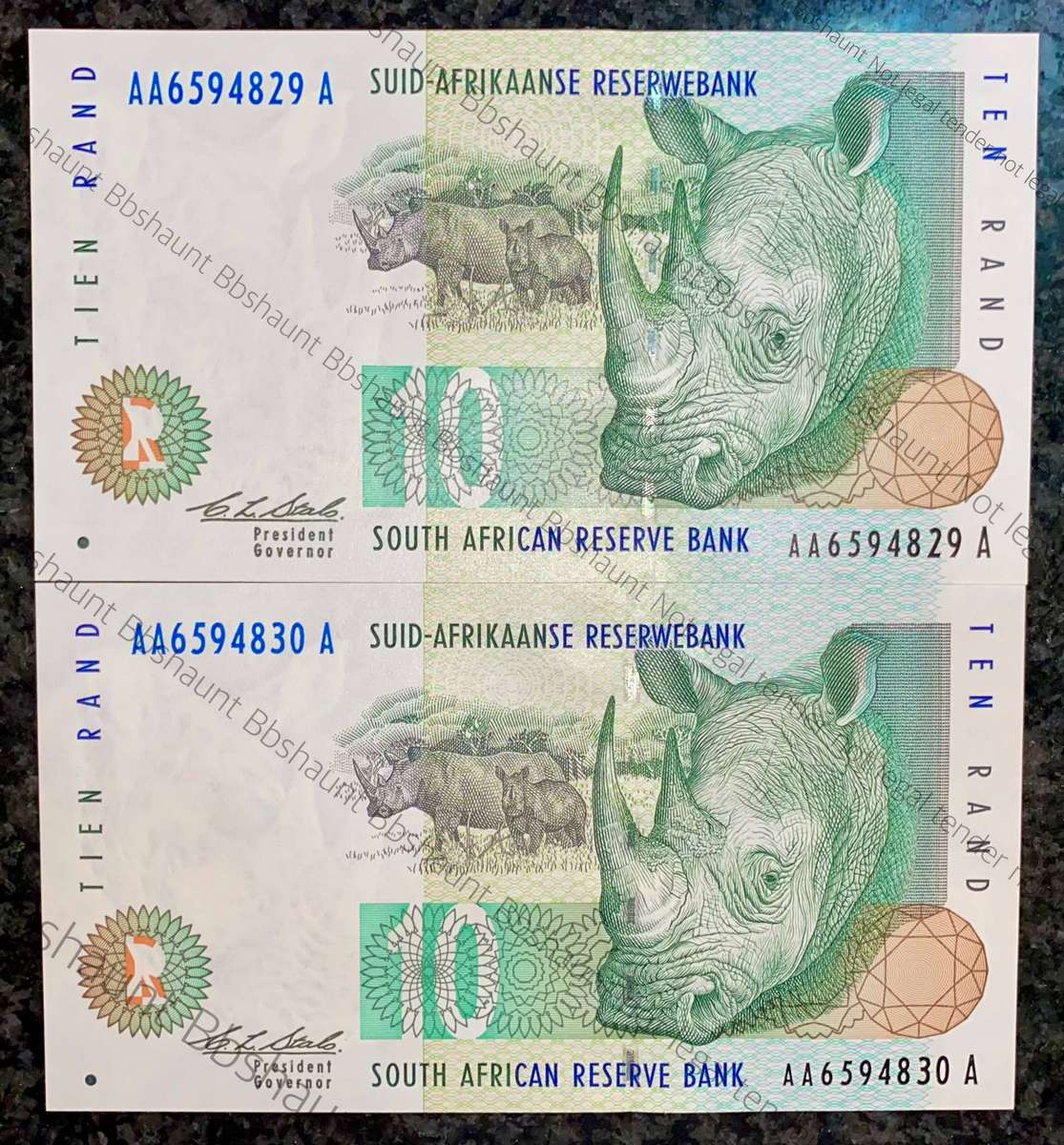 CL Stals. R10AA in sequence AA6594830-829 unc 2nd issue 1994 Rhino wtm (1 bid takes all)