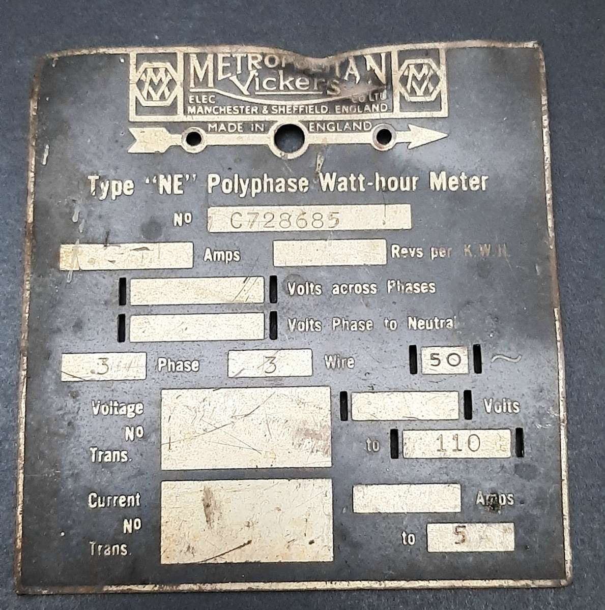 ** Early 20th Century: Metropolitan-Vickers Type 'NE' Watt-hour Meter Brass Plate (9cm x7cm)**