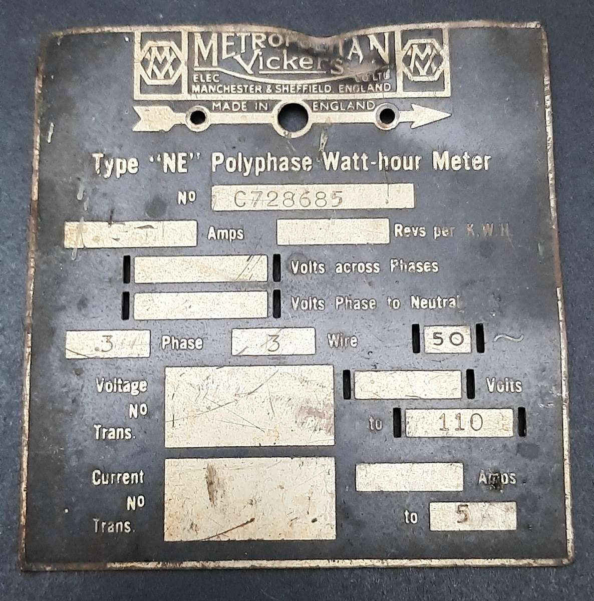 ** Early 20th Century: Metropolitan-Vickers Type 'NE' Watt-hour Meter Brass Plate (9cm x7cm)**