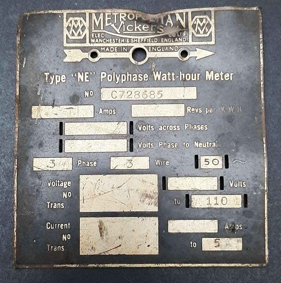** Early 20th Century: Metropolitan-Vickers Type 'NE' Watt-hour Meter Brass Plate (9cm x7cm)**