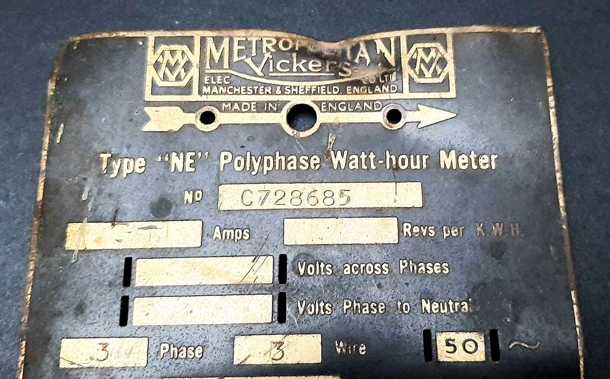 ** Early 20th Century: Metropolitan-Vickers Type 'NE' Watt-hour Meter Brass Plate (9cm x7cm)**