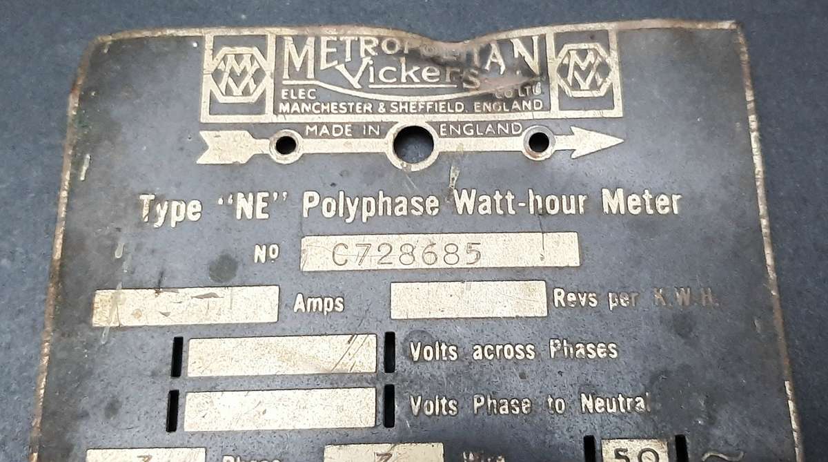** Early 20th Century: Metropolitan-Vickers Type 'NE' Watt-hour Meter Brass Plate (9cm x7cm)**