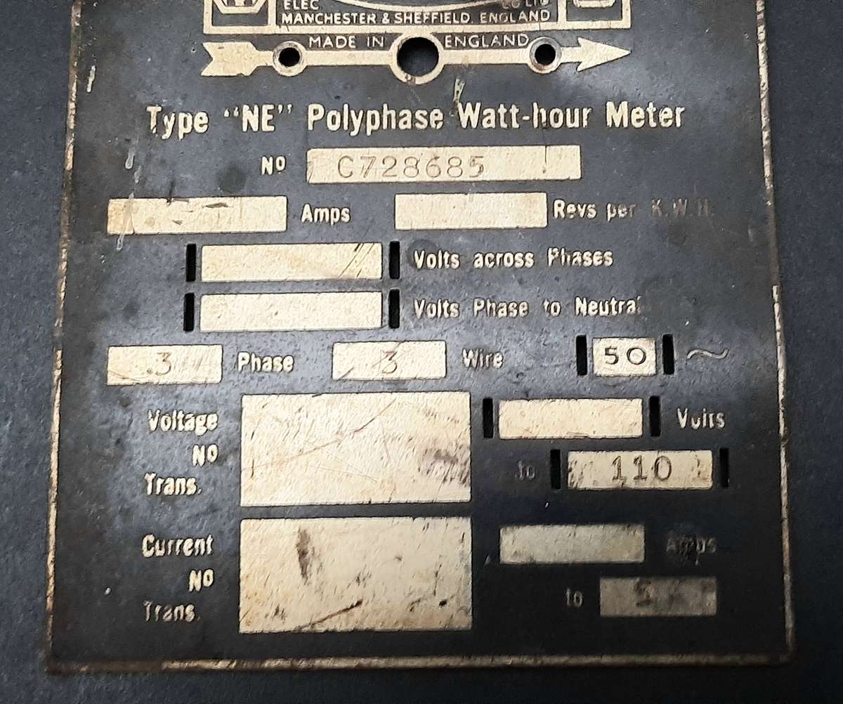 ** Early 20th Century: Metropolitan-Vickers Type 'NE' Watt-hour Meter Brass Plate (9cm x7cm)**