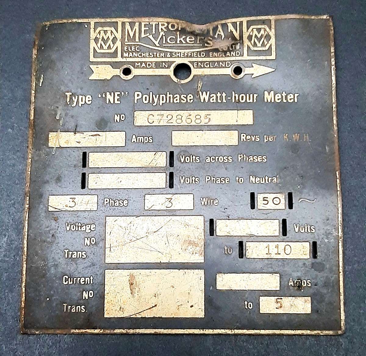 ** Early 20th Century: Metropolitan-Vickers Type 'NE' Watt-hour Meter Brass Plate (9cm x7cm)**