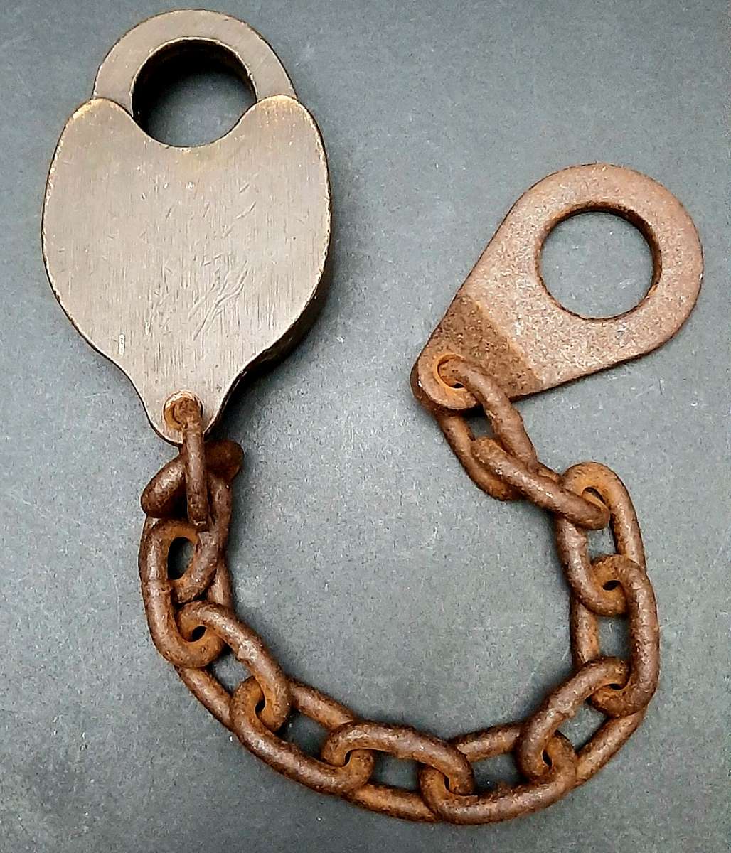 **RARE: 1960s SA Railways Brass Lever Padlock w/ Lead Chain  NO KEY ***