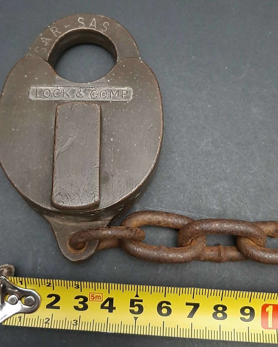 **RARE: 1960s SA Railways Brass Lever Padlock w/ Lead Chain  NO KEY ***