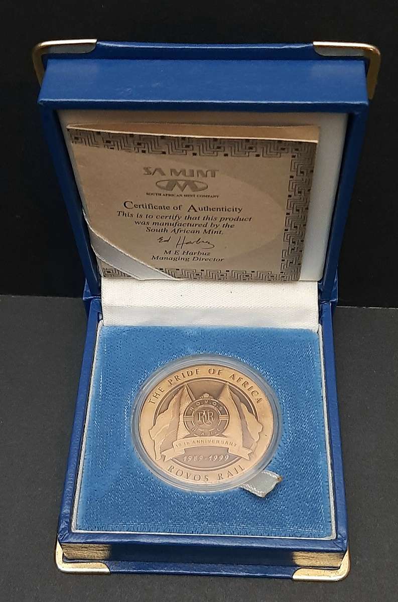 RARE: 1999 SA Rovos Rail 10 Year Anniversary Bronze Medallion Cased w/ Certification.