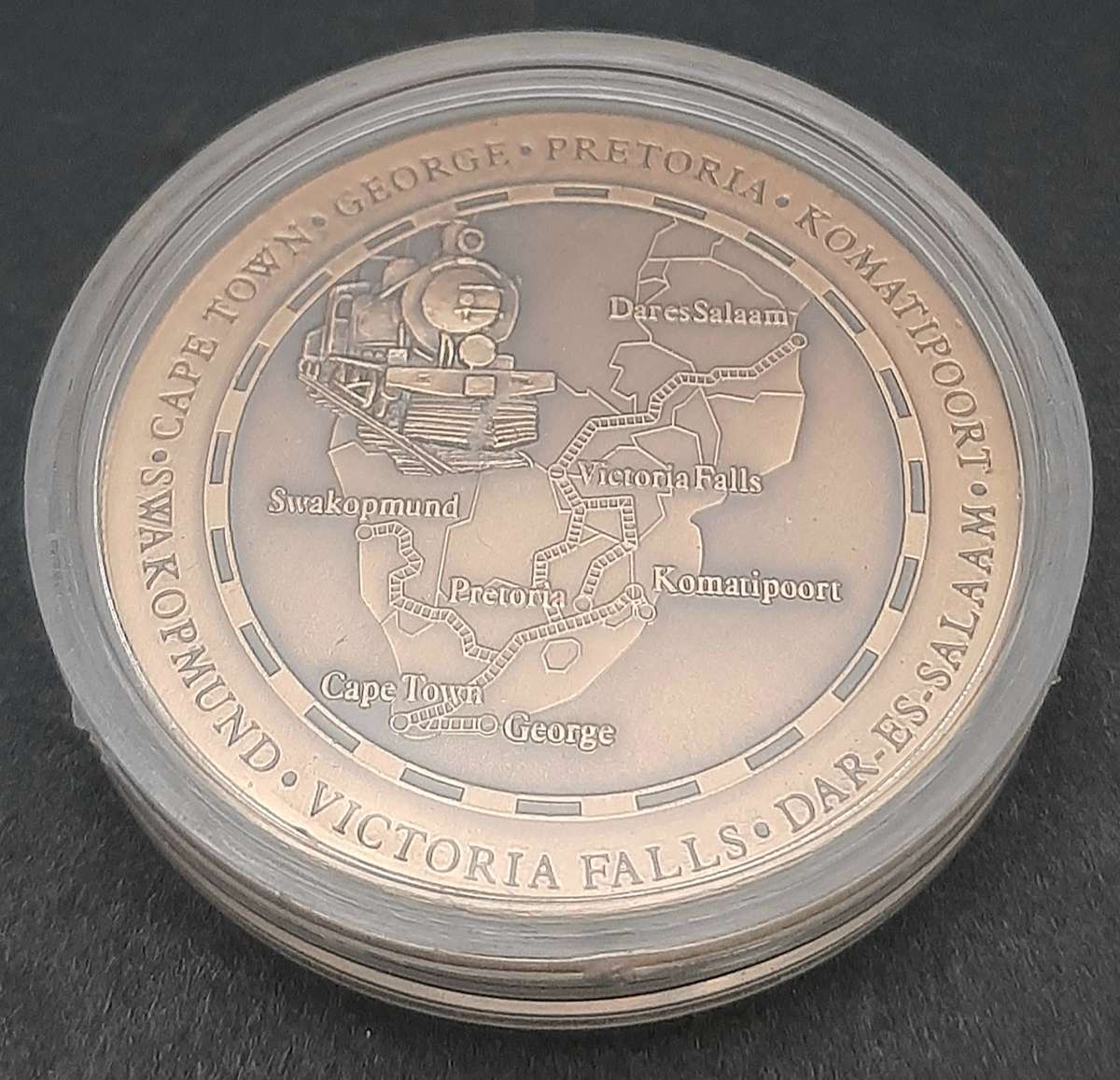 RARE: 1999 SA Rovos Rail 10 Year Anniversary Bronze Medallion Cased w/ Certification.