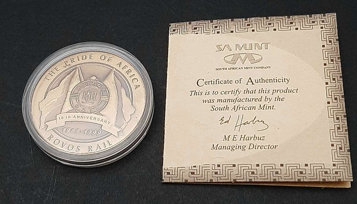 RARE: 1999 SA Rovos Rail 10 Year Anniversary Bronze Medallion Cased w/ Certification.