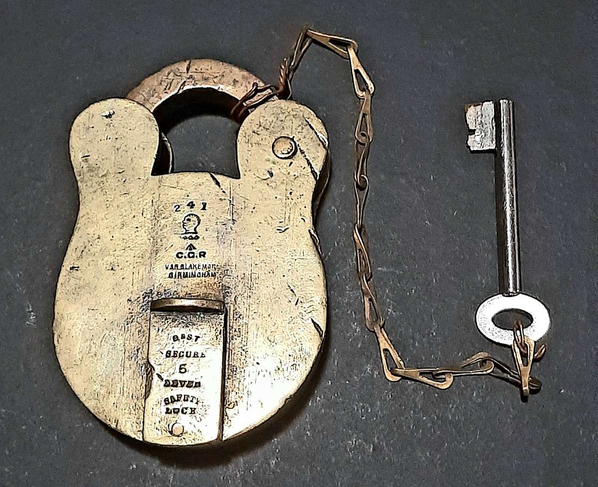 RARE: Boer War - Cape Gov. Railways Brass 5-Lever Padlock w/ Key & Lanyard (V&R. Birm.)