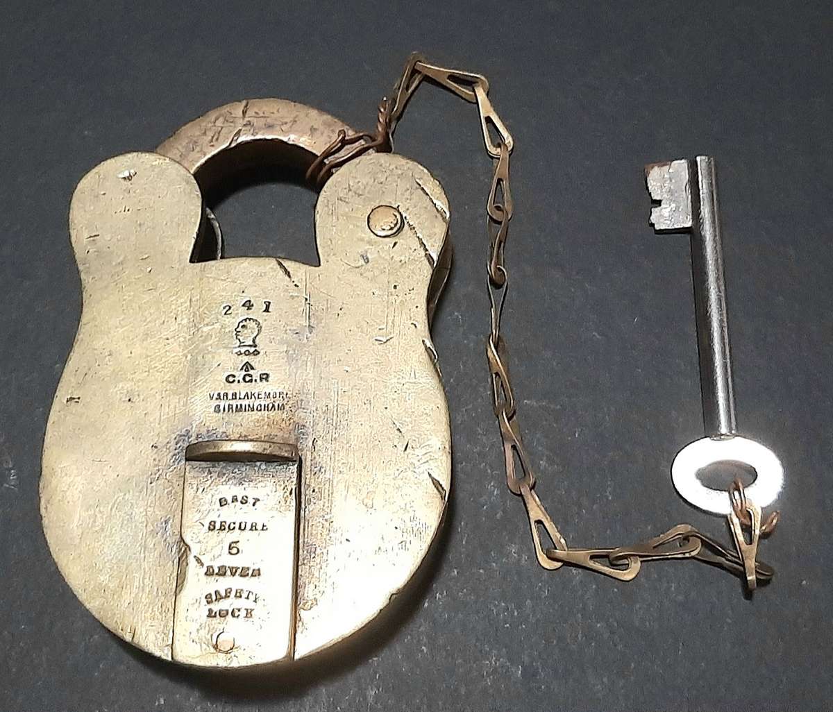RARE: Boer War - Cape Gov. Railways Brass 5-Lever Padlock w/ Key & Lanyard (V&R. Birm.)