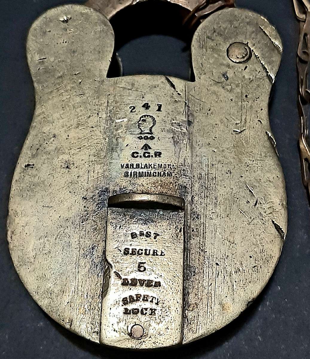 RARE: Boer War - Cape Gov. Railways Brass 5-Lever Padlock w/ Key & Lanyard (V&R. Birm.)