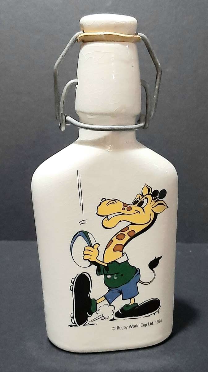 RARE: South Africa 1995 Rugby World Cup 'Ruggles' Ceramic Brandy Decanter w/ Stopper (18cm).