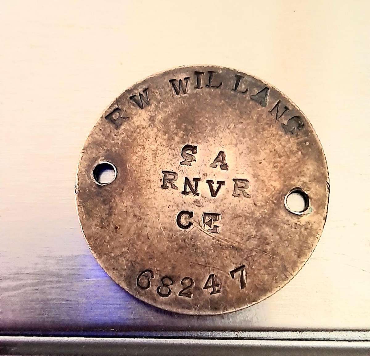 RARE: WW2 - SA Royal Navy Volunteer Res. 800 Silver 1929 Florin Identity Disc / Dog-Tag (Inscribed)