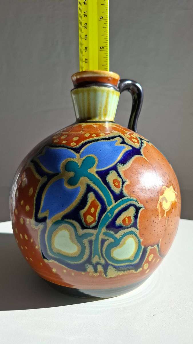 Large Antique Gouda Style Colourful Vase in Excellent Condition - 19.5cm-H