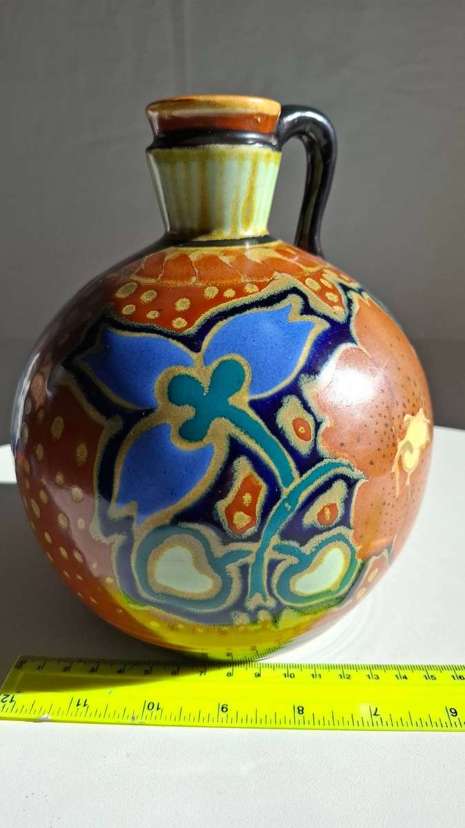 Large Antique Gouda Style Colourful Vase in Excellent Condition - 19.5cm-H