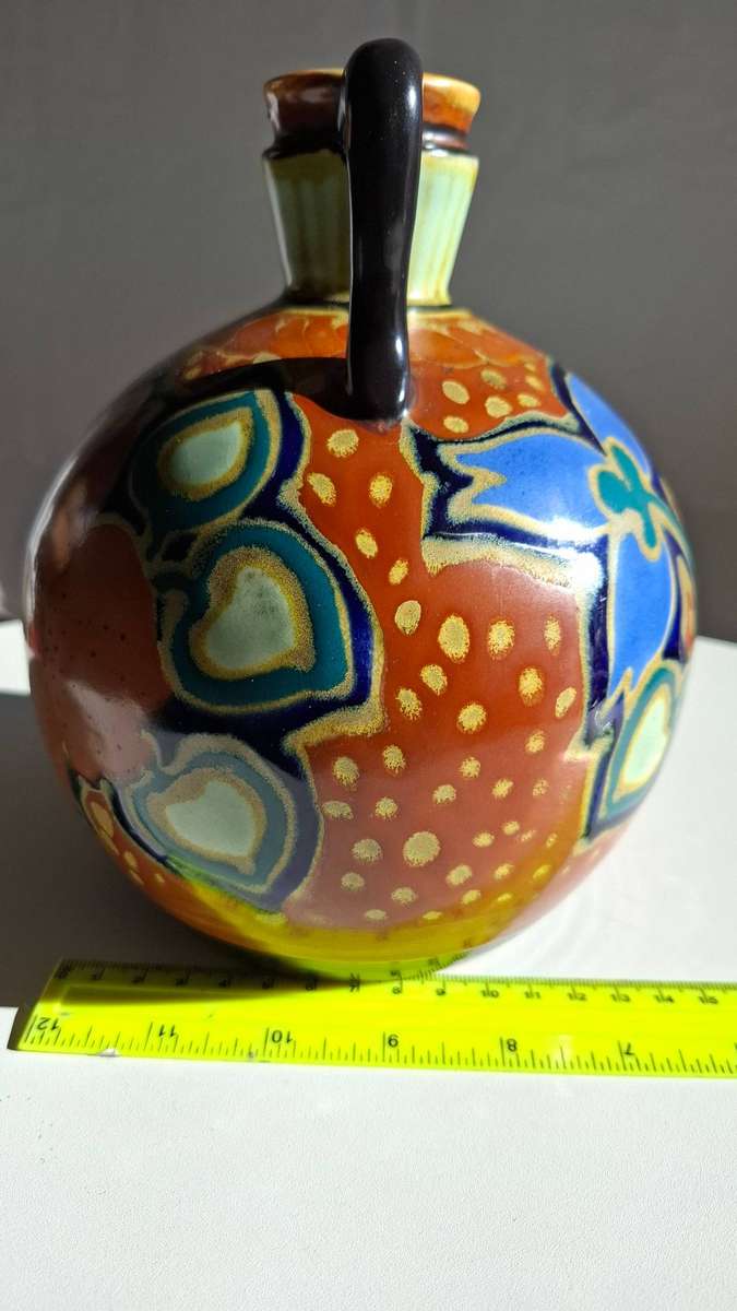 Large Antique Gouda Style Colourful Vase in Excellent Condition - 19.5cm-H