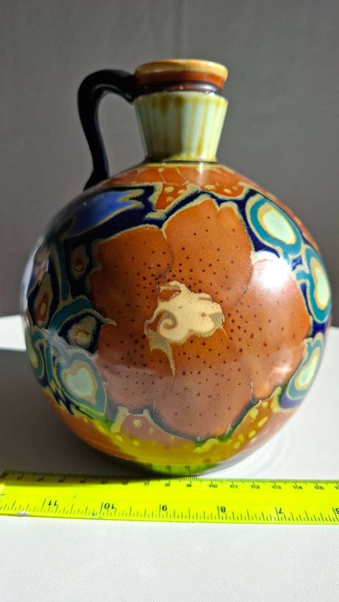 Large Antique Gouda Style Colourful Vase in Excellent Condition - 19.5cm-H
