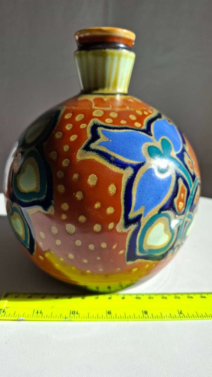 Large Antique Gouda Style Colourful Vase in Excellent Condition - 19.5cm-H