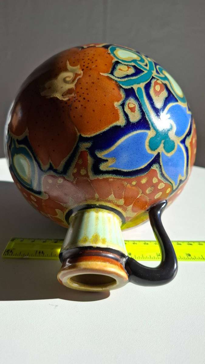 Large Antique Gouda Style Colourful Vase in Excellent Condition - 19.5cm-H