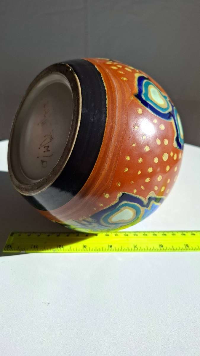 Large Antique Gouda Style Colourful Vase in Excellent Condition - 19.5cm-H