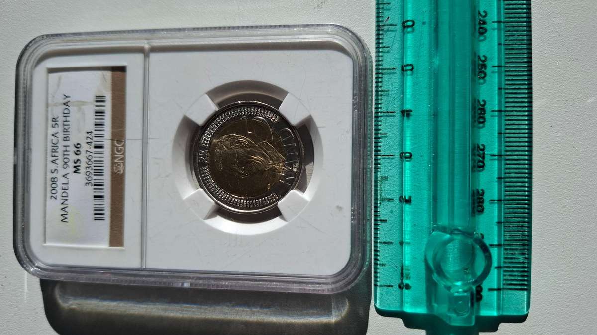 NGC 2008 South Africa Mandela 90th Birthday Five Rand Coin MS66 in Goood Condition